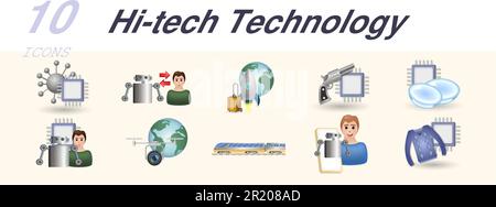 Hi-tech technology set. Creative icons: nanobot, cyborg, space tourism, hi-tech weapon, nano contact lenses, cybernetics, space drones, personal robot Stock Vector