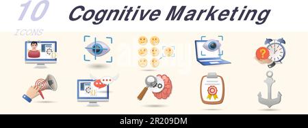 Cognitive marketing set. Creative icons: facial coding, eye-tracking, emotion understanding, pupillometry, scarcity, sensory marketing, nlp, cognitive Stock Vector