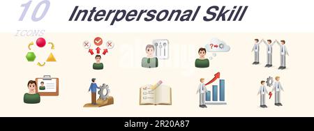 Interpersonal skill set. Creative icons: adaptability, decision making, high eq, problem solving, team spirit, personality, assertiveness, planning Stock Vector