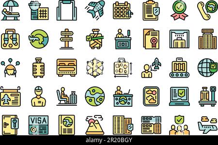 Travel agent icons set outline vector. Abroad journey. Go tourism thin line color flat on white Stock Vector