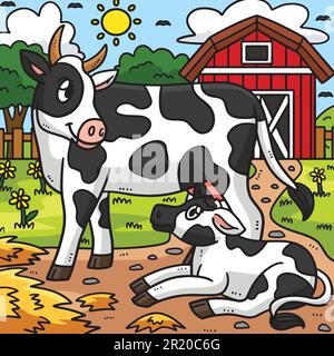 Mother Cow and Calf Colored Cartoon Illustration Stock Vector