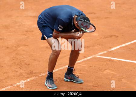 May 16, 2023, ROME: Lorenzo Sonego of Italy celebrates a point during his  men's singles third round match against Stefanos Tsitsipas of Greece (not  pictured) at the Italian Open tennis tournament in