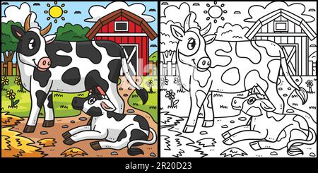 Mother Cow and Calf Coloring Page Illustration Stock Vector