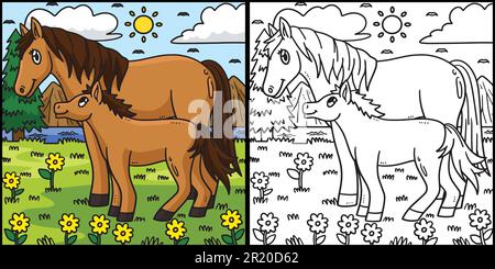 Mother Horse and Foal Coloring Page Illustration Stock Vector