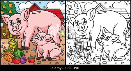 Mother Pig and Piglet Coloring Page Illustration Stock Vector