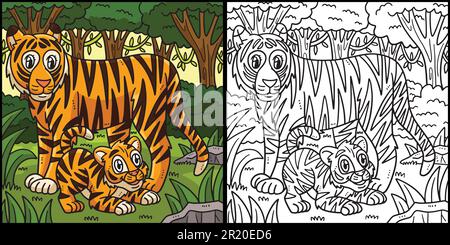 Mother Tiger and Cub Coloring Page Illustration Stock Vector