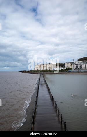 The causeway across the Marine Lake to Knightstone Island, Weston super Mare, UK (May23) Stock Photo