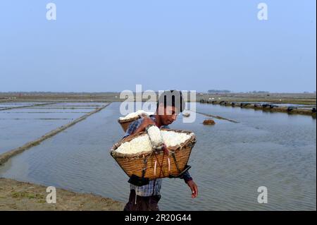Cox's Bazar. 16th May, 2023. A man carries loads of sea salt in Cox's Bazar, Bangladesh on May 15, 2023. Farmers in Bangladesh's Cox's Bazar district, some 300 km southeast of capital Dhaka, are now busy harvesting salt after cyclone Mocha hit the lands. Credit: Xinhua/Alamy Live News Stock Photo