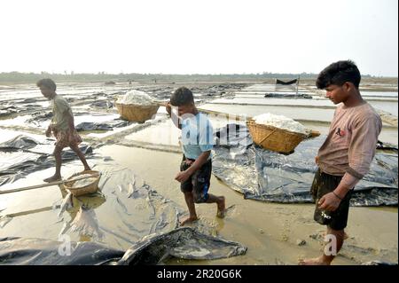 Cox's Bazar. 16th May, 2023. People work at a salt farm in Cox's Bazar, Bangladesh on May 15, 2023. Farmers in Bangladesh's Cox's Bazar district, some 300 km southeast of capital Dhaka, are now busy harvesting salt after cyclone Mocha hit the lands. Credit: Xinhua/Alamy Live News Stock Photo