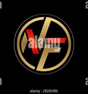 Initial Letter NF in circle. Logo Emblem Monogram NF. Golden Round on Black background with red stripes.  Vector illustration Stock Vector