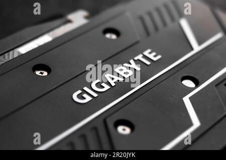 Computer graphic card Gigabyte, professional video card with logo. Kyiv, Ukraine - May 16, 2023 Stock Photo