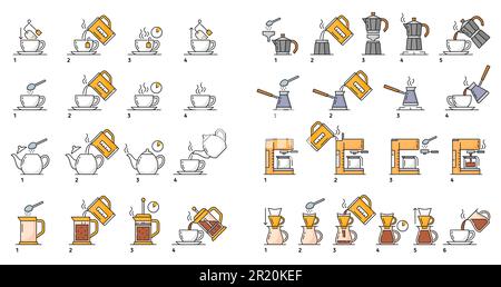 Make tea and coffee brew, preparation instruction. Tea bag and fresh coffee drink brewing step by step vector instruction with espresso machine, filter, french press and moka, cezve outline pictograms Stock Vector
