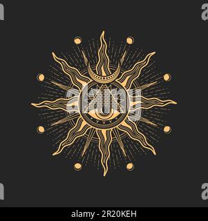 All-seeing eye in Egyptian pyramid and Sun with crescent moon esoteric occult pentagram or magic tarot sign. Vector spiritual magic emblem, isolated alchemy symbol. Solar star with radiant rays Stock Vector
