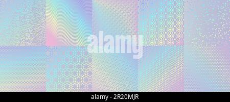 Hologram backgrounds with vector texture of rainbow hologram foil or iridescent paper with pastel, neon and metal gradient. Holographic patterns set with geometric ornaments of confetti, stars, waves Stock Vector