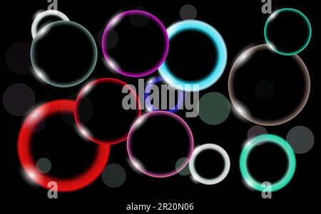 Abstract, multicolored, neon, shiny, bright, motley glowing circles, balls, bubbles, light spots on a black background. Vector illustration. Stock Vector