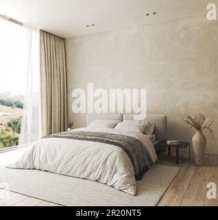 Japandi bedroom mock up in white and blue tones. Bed with pillows ...