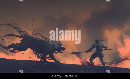 The knight facing a battle with the black beast, digital art style, illustration painting Stock Photo