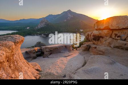 Burabay (Borovoye) national park in Kazakhstan. Panoramic view during sunset. Burabay, Akmola, Kazakhstan. Stock Photo