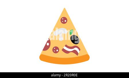slice of pizza on a white background, vector illustration. a triangular slice of pizza stuffed with mushrooms, bacon, olives and salami. high-calorie, Stock Vector
