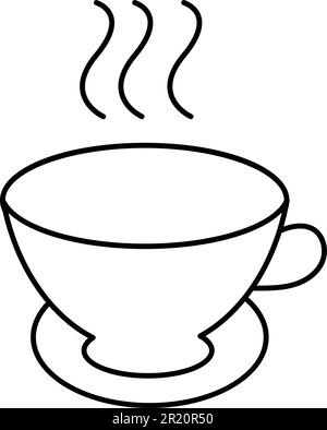 Simple abstract black and white icon of hot delicious tea in a mug with a pen and smoke and copy space on a white background. Vector illustration. Stock Vector