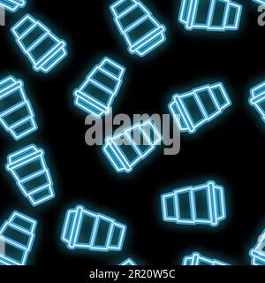 Seamless pattern, texture abstract neon bright glowing flashing blue from icons, glasses with hot coffee, tea and copy space on black background. Vect Stock Vector