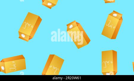 box with juice on a blue background, vector illustration, pattern, seamless illustration. a large orange cardboard box with a drink. eco-friendly pack Stock Vector