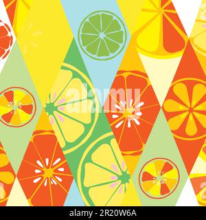 Yellow summer texture with a pattern of lemons limes oranges citrus fresh fruit vitamin tropical tasty sweet on a background of rhombuses for wallpape Stock Vector