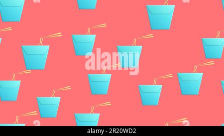Line Asian noodles in paper box and chopsticks icon isolated seamless pattern on white background. Street fast food menu. Stock Vector