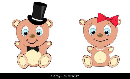 Two cute, beautiful, brown bear girl and boy with big head and blue eyes in a cylinder and bow tie, bow and pearl necklace on white background and cop Stock Vector