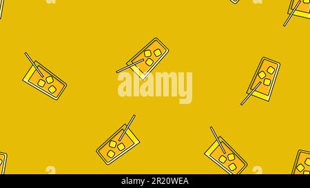 Seamless pattern of repeating alcoholic cocktails in a glass with ice and a straw on a yellow background. Vector illustration. Stock Vector