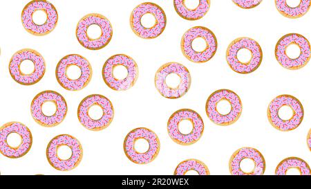 Seamless pattern, texture from round sweet flour tasty donuts to nourishing hot fresh donuts, pastries, sugar-coated cookies in a pink candy caramel g Stock Vector