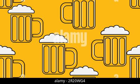 Seamless pattern of yellow repeating alcoholic beer glasses glass with beer frothy hop glass of malt craft lager on a yellow background for St. Patric Stock Vector