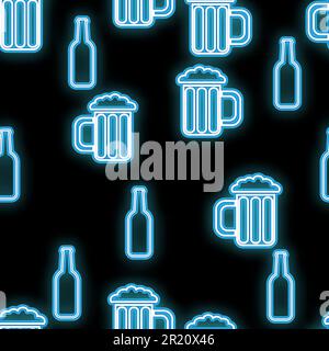 Seamless pattern, texture abstract neon bright glowing flashing blue from icons for bar from bottles and glasses of craft beer and copy space on black Stock Vector