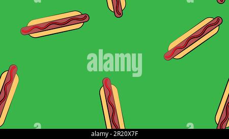 hotdog us green background, vector illustration, pattern. bun with sausage, ketchup. favorite snack. wallpaper for restaurant, cafe, kitchen decor. de Stock Vector