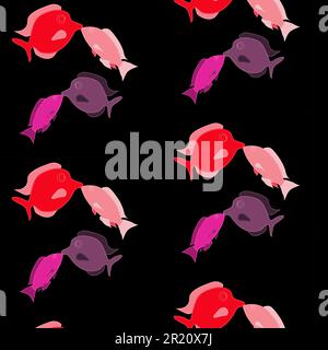 Pattern. Two pairs of lovers, lovely, beautiful, red, pink, purple fish stitched with white threads kiss on a black background on Valentine's Day.Vect Stock Vector