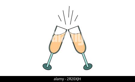 A simple flat-style icon of beautiful two glasses of champagne that clink glasses during a toast for the feast of love on Valentine's Day or March 8th Stock Vector