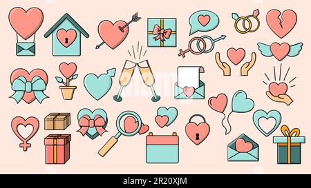Set of big simple flat icons of beautiful hearts, gifts, envelopes, love items for the holiday of love Valentine's Day February 14 or March 8 on a pin Stock Vector