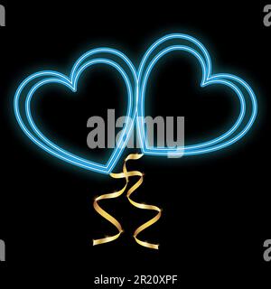 beautiful abstract neon bright blue glowing love hearts and golden ribbons for Valentine's Day and copy space on black background. Vector. Stock Vector