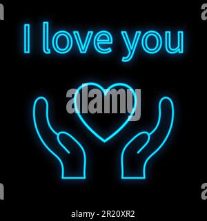 Bright luminous blue festive digital neon sign for a store or card beautiful shiny with love hands with a heart and the inscription I love you on a bl Stock Vector