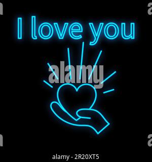Bright luminous blue festive digital neon sign for a store or card beautiful shiny with love hands with a heart and the inscription I love you on a bl Stock Vector