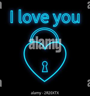 Bright luminous blue festive digital neon sign for a store or card beautiful shiny with love hearts in the form of a door lock and the inscription I l Stock Vector