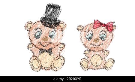 Two crocheted cute, beautiful, brown bear girl and boy with big head and blue eyes in a cylinder and bow tie, bow and pearl necklace on a white backgr Stock Vector
