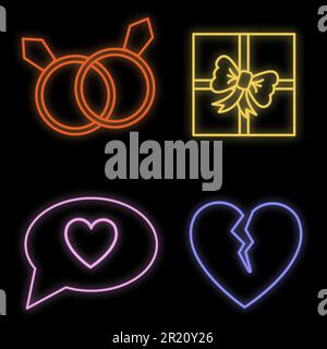 et of bright luminous multi-colored festive neon signs for the store and cards beautiful shiny with love broken hearts rings gift boxes on a black bac Stock Vector