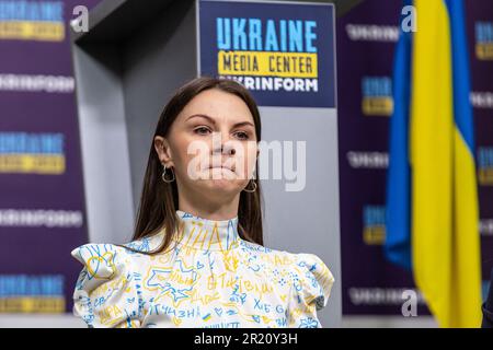 Sofiia Cherepanova, sister of a captured Azovstal defender attends a press conference in Ukrainian Media Centre Ukrinform in central Kyiv, the capital of Ukraine on May 16, 2023. Ukrinform - Ukrainian information agency - hosts a press conference entitled “A year of leaving Azovstal steelworks: cry out, as it's impossible to be silent” by representatives of Women of Steel NGO. Women of Steel is a Ukrainian NGO that gathers mothers, wifes and other members of families of Azovstal defenders. Azovstal fighters were sent to Russian prison on May 16, 2022, exactly a year ago. Members of their famil Stock Photo