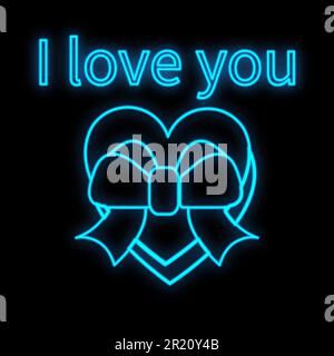 Bright luminous blue festive digital neon sign for a store or postcard beautiful shiny with a love heart-shaped gift box on a black background and the Stock Vector