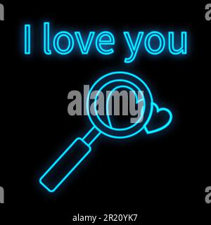 Bright luminous blue festive digital neon sign for a store or card beautiful shiny with a love heart and a magnifying glass on a black background with Stock Vector