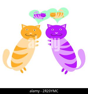Enamored violet cat and a yellow cat hugging nearby and thinking about each other on a white background. Vector illustration. Stock Vector