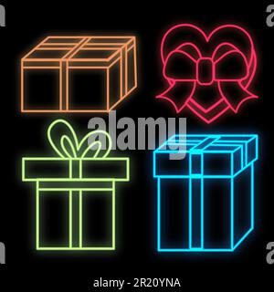Set of bright luminous multi-colored festive neon signs for the store and cards beautiful shiny with love gift boxes on a black background. Vector ill Stock Vector