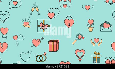 Texture seamless pattern from a set of love items with hearts and gifts for the holiday of love Valentine's Day February 14 or March 8 on a blue backg Stock Vector