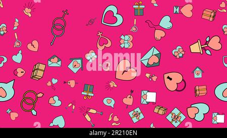Texture seamless pattern from a set of love items with hearts and gifts for the holiday of love Valentine's Day February 14 or March 8 on a purple bac Stock Vector